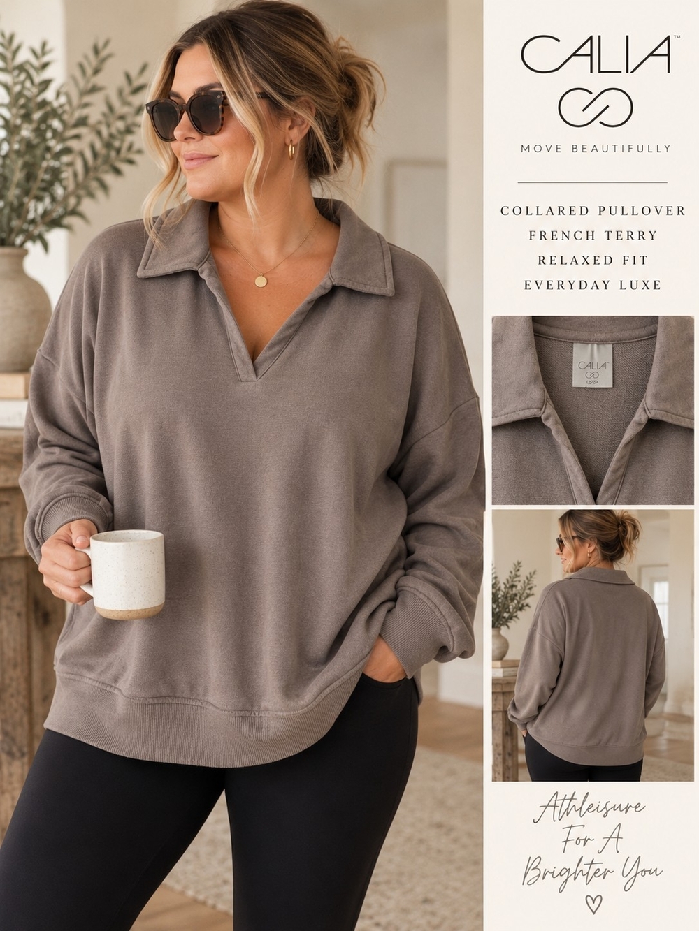 CALIA Women’s XL French Terry Collared Sweatshirt Taupe Oversized Pullover